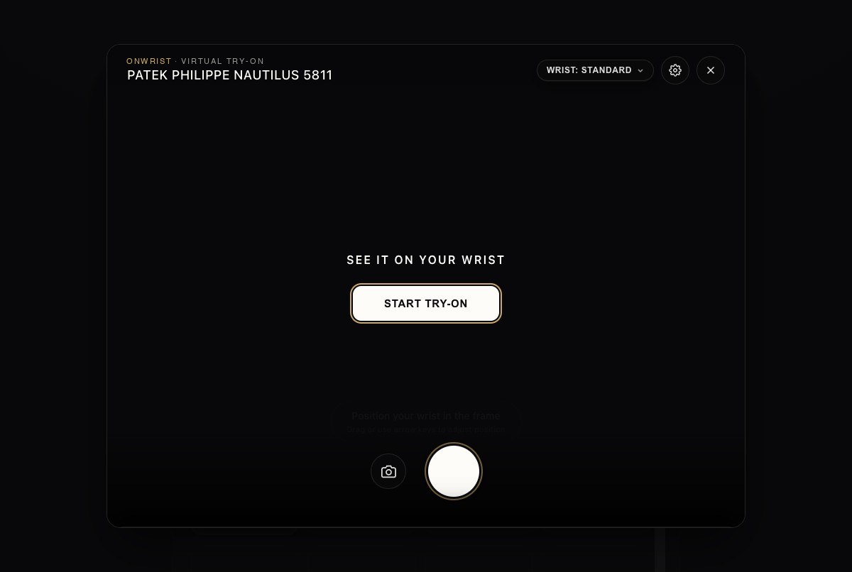 The OnWrist try-on modal on a Patek Philippe Nautilus product page, inviting the shopper to start the try-on.