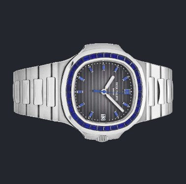 A flat stock product photo of a steel watch.